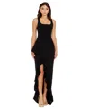 Dress The Population Charlene Square-neck Ruffle Side-slit Gown In Black