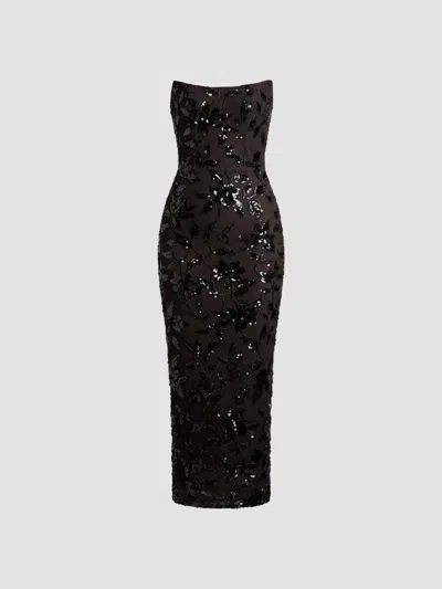 Dress The Population Cosette Sequin Floral Strapless Cocktail Sheath Dress In Black