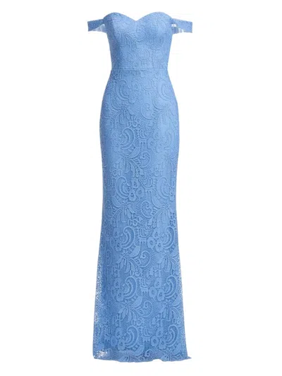 Dress The Population Dorothy Embroidered Lace Off The Shoulder Mermaid Gown In Blue