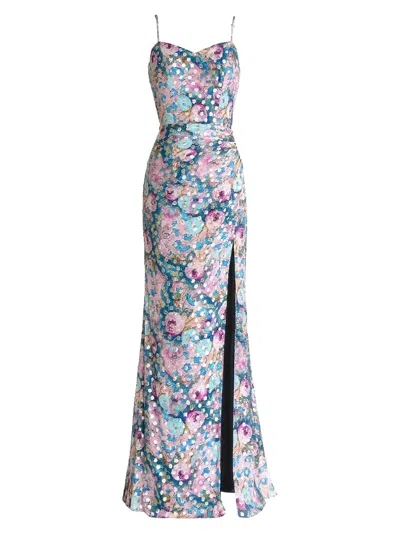 Dress The Population Drae Spaghetti Strap Floral Print Open Back High Slit Gown In Blue