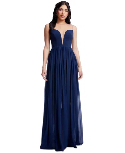 Dress The Population Womens Illusion Polyester Evening Dress In Navy