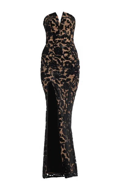 Dress The Population Fernanda Floral Sequin Strapless Evening Gown In Black