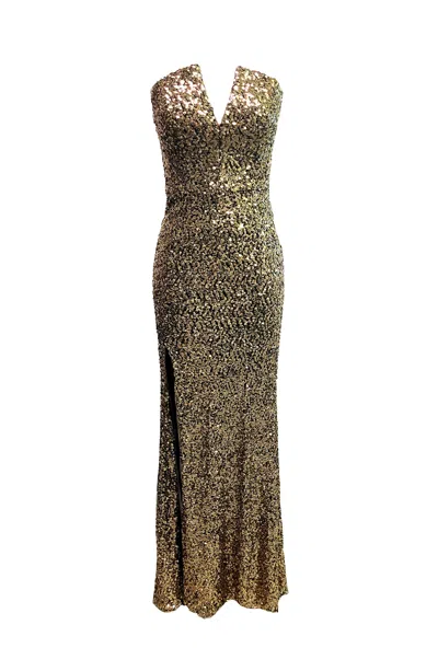 DRESS THE POPULATION WOMEN'S FERNANDA GOLD STRAPLESS V-NECK SEQUIN MERMAID DRESS