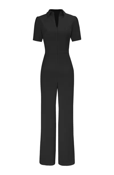 DRESS THE POPULATION WOMEN'S GLORIA BLACK ZIP NECK WIDE LEG JUMPSUIT