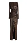 Dress The Population Romera Metallic Long Sleeve Gown In Gold