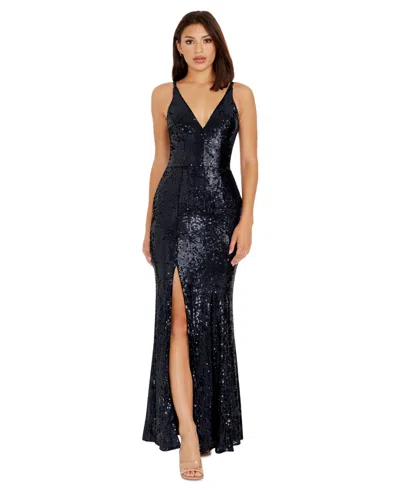 DRESS THE POPULATION WOMEN'S IRIS SEQUINED SIDE-SLIT GOWN
