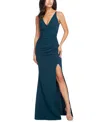 Dress The Population Women's Jordan V-neck Asymmetrical Ruched Bodycon Maxi Dress In Pine