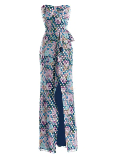 Dress The Population Kai Floral Metallic Clip Dot Strapless Gown In Capri Multi