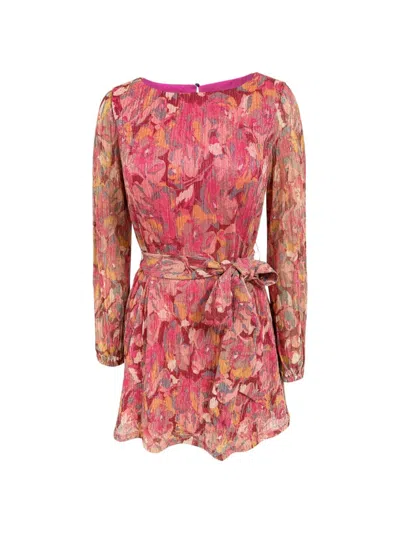 Dress The Population Kirsi Long Sleeve Metallic Floral Minidress In Bright Fuchsia Multi