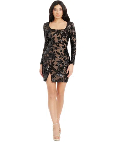 Dress The Population Women's Long-sleeve Sequin Hilary Dress In Black-nude