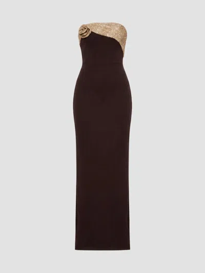 Dress The Population Lorraine Strapless Embellished Gown In Brown