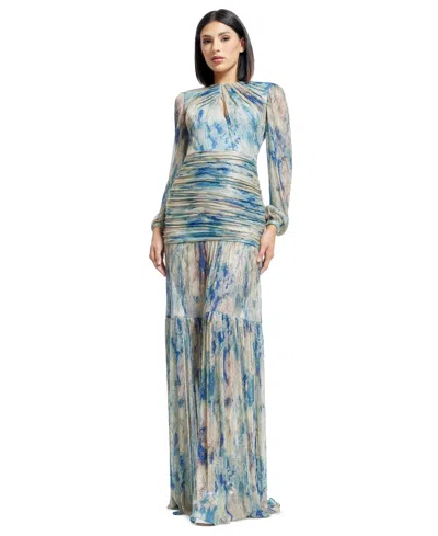 Dress The Population Women's Lucille Printed Ruched Gown In Pale Blue Multi