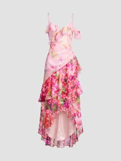 Dress The Population Women's Lumi Ruffled Floral High-low Dress In Pink