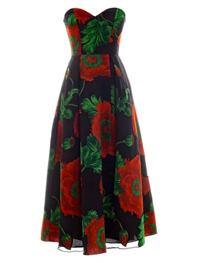 Dress The Population Maisy Strapless Midi Dress In Black Multi In Green