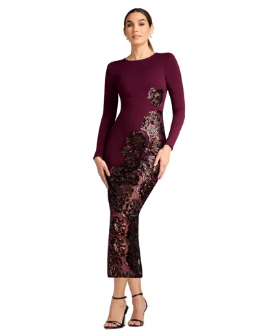Dress The Population Women's Mara Bodycon Long Sleeve Dress In Dark Cherry Multi