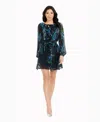 Dress The Population Kirsi Metallic Floral Long Sleeve Minidress In Blue