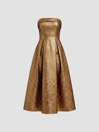 Dress The Population Women's Mika Strapless Tea-length Dress In Gold