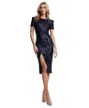 Dress The Population Women's Natasha Sequined Side-slit Midi Dress In Midnight Blue