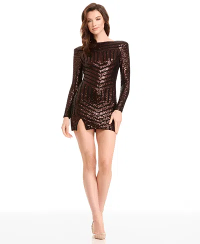 Dress The Population Women's Nathalia Sequin Long-sleeve Mini Dress In Brown