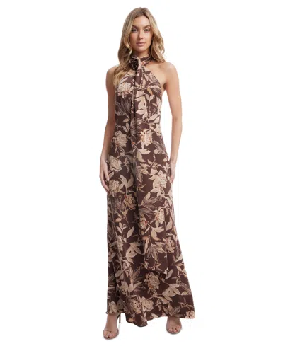 Dress The Population Women's Olivia Floral-print Low-back Gown In Mocha Multi