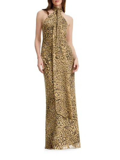 Dress The Population Olivia Halter High Neck Leopard Print Bodycon Gown In Brown
