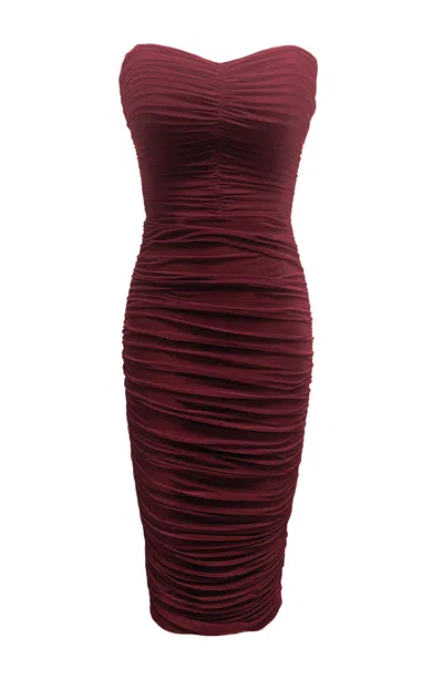 DRESS THE POPULATION WOMEN'S RED HEATHER BURGUNDY STRAPLESS RUCHED MIDI DRESS
