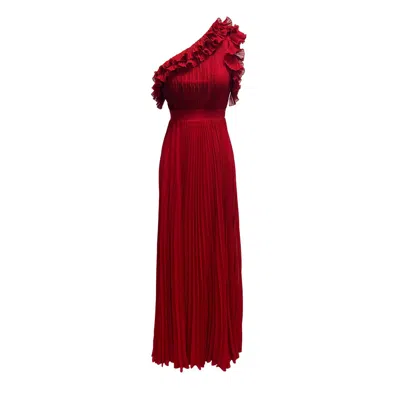 Dress The Population Women's Red Vida Garnet One Shoulder Ruffle Neckline Gown