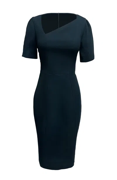 Dress The Population Women's Ruth Blue Asymmetrical Neck Midi Dress