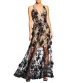 Dress The Population Sidney Deep V-neck 3d Lace Gown In Black,nude