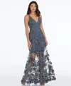 Dress The Population Sidney V-neck A-line Lace Floral Appliqué Gown In Gray