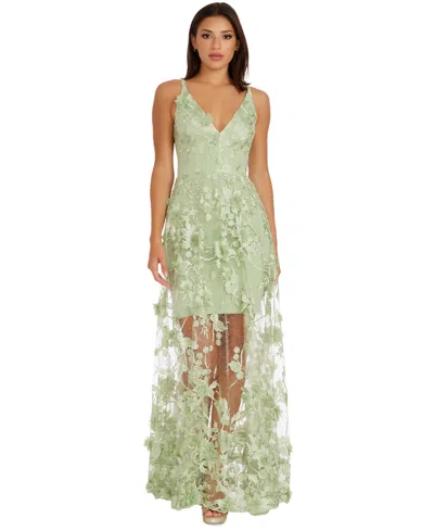 Dress The Population Women's Sydney Lace Floral-applique Gown In Sage