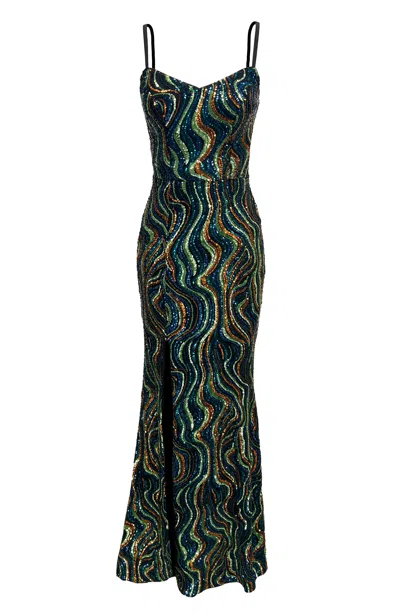 Dress The Population Women's Tori Sleeveless Sweetheart Sequin Maxi Dress In Teal Multi