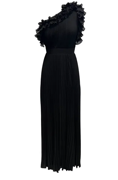 Dress The Population Women's Vida Black One Shoulder Ruffle Neckline Gown