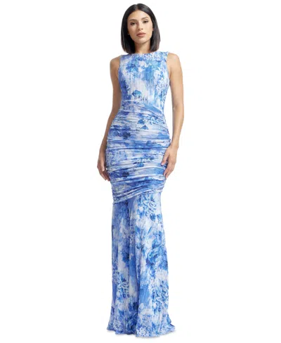 Dress The Population Women's Violetta Floral-print Pleated Ruched Gown In Blue