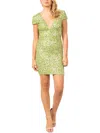 DRESS THE POPULATION WOMENS MESH SEQUINED BODYCON DRESS