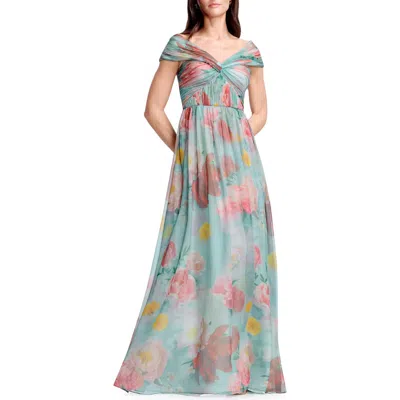 Dress The Population Xyla Floral Off The Shoulder Gown In Blue