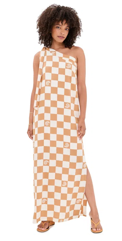 Dress To Beige Shell Plaid One Shoulder Maxi Dress Beige Shell Plaid In Brown
