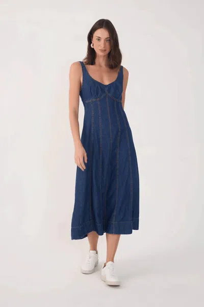 Dress To Denim Topstitching Sleeveless Midi Dress In Dark Wash In Blue