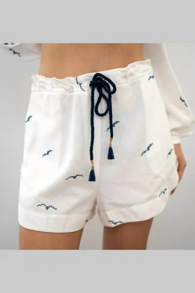Dress To Nautical Embroidered Drawstring Linen Shorts In Off White In Multi