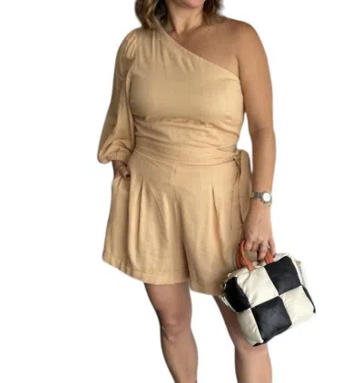 Dress To One Shoulder Linen Romper In Brown