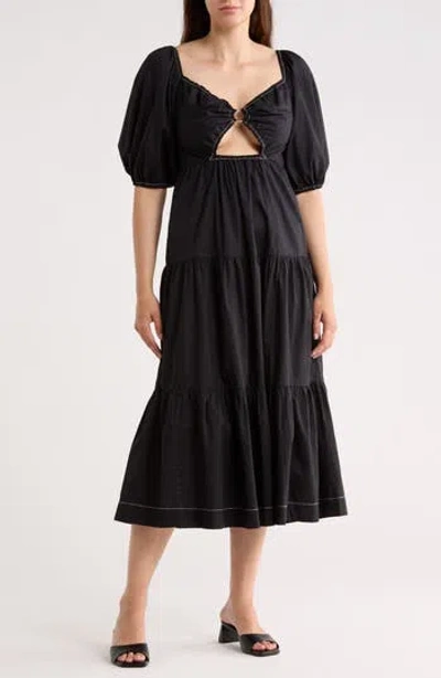 Dress To Puff Sleeve Tiered Cotton Midi Dress In Black