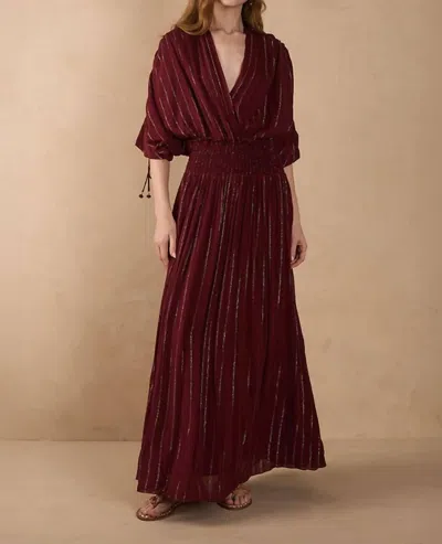 Dress To Tamia Long Lurex Dress With Smocked Yoke In Wine In Burgundy