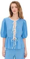 Dress To Tie Front Blouse Aura Blue/offwht In Aura Blue/offwht