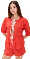 Dress To Tie Front Blouse Guara Red/off White In Red