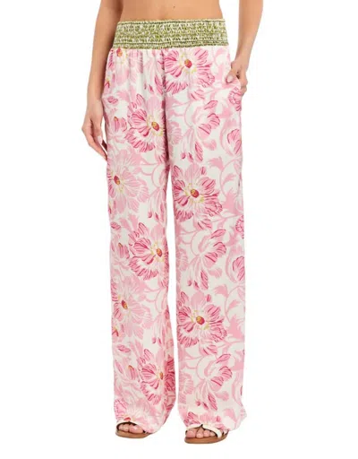 Drew Hattie French Satin Pants In Lotus Print In Pink