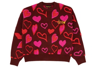 Pre-owned Drew House Men's  Scribble Hearts Sweater In Burgundy