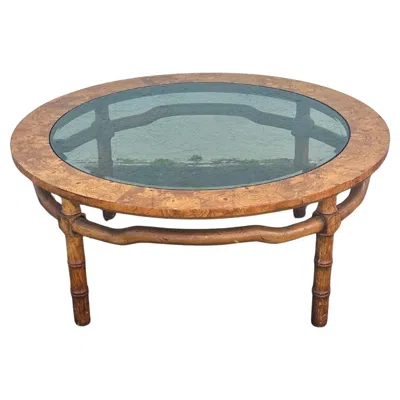Pre-owned Drexel 1960s  Sculptural Faux Bamboo Burlwood Smoke Glass Round Coffee Table In Black