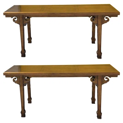 Pre-owned Drexel 1970s Ming Style Carved Walnut Draw Leaf Alter / Console Tables By , Pair In Brown