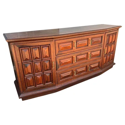 Pre-owned Drexel American Walnut Mid Century Mediterranean Pillow Tufted Facade Credenza Buffet In Brown