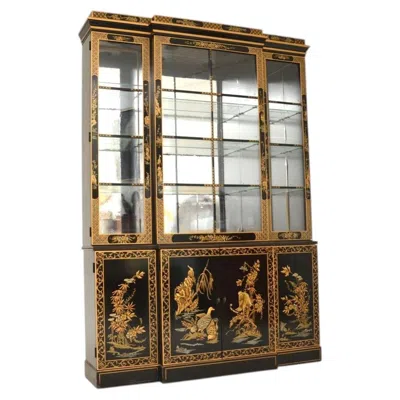 Pre-owned Drexel Antique Georgian Style Chinoiserie Breakfront Bookcase In Brown